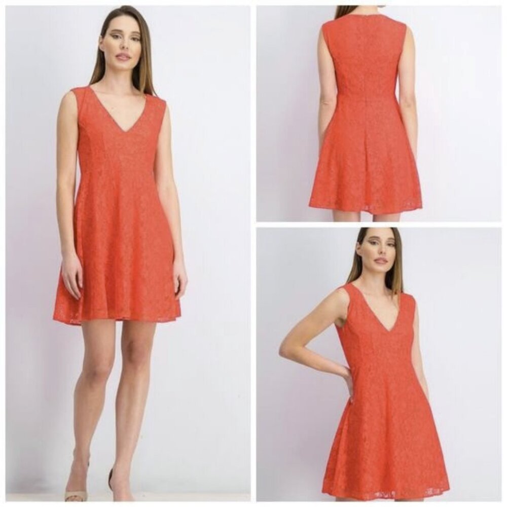 French Connection Coral Pink Red Floral Lace Low V-Neck Sleeveless Dress XXS 2